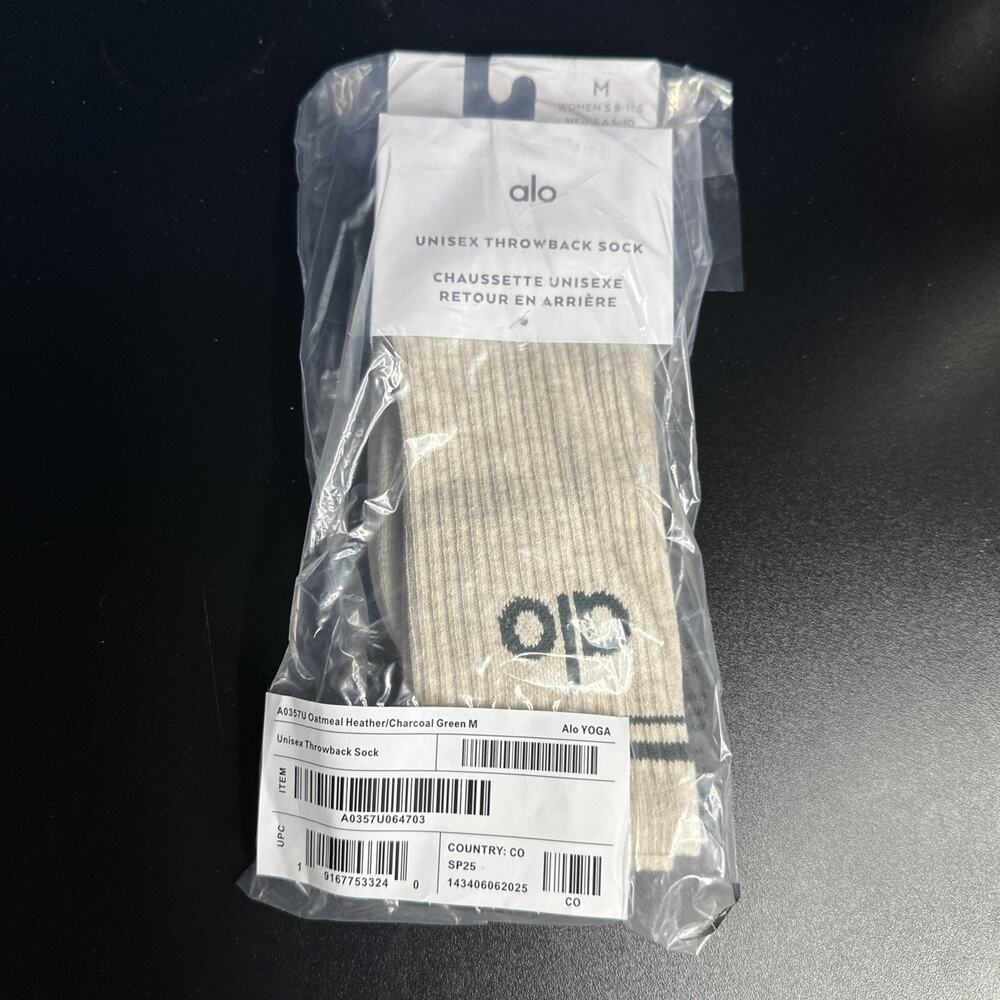 Alo Yoga Unisex Throwback Sock Oatmeal Heather Charcoal Green Size Medium